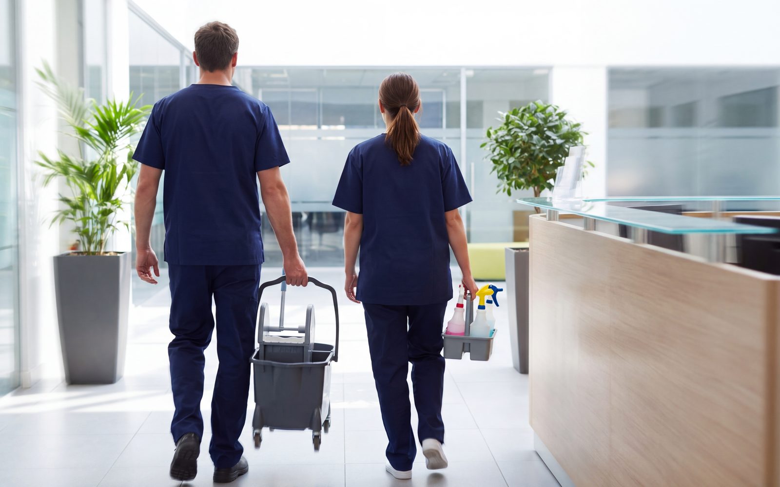 Deux employés Proline en uniforme marine traversant un hall de bureaux avec leur chariot et leurs produits