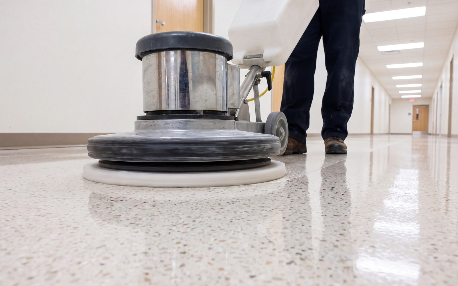 Polisseuse en action sur un plancher de terrazzo fraîchement ciré