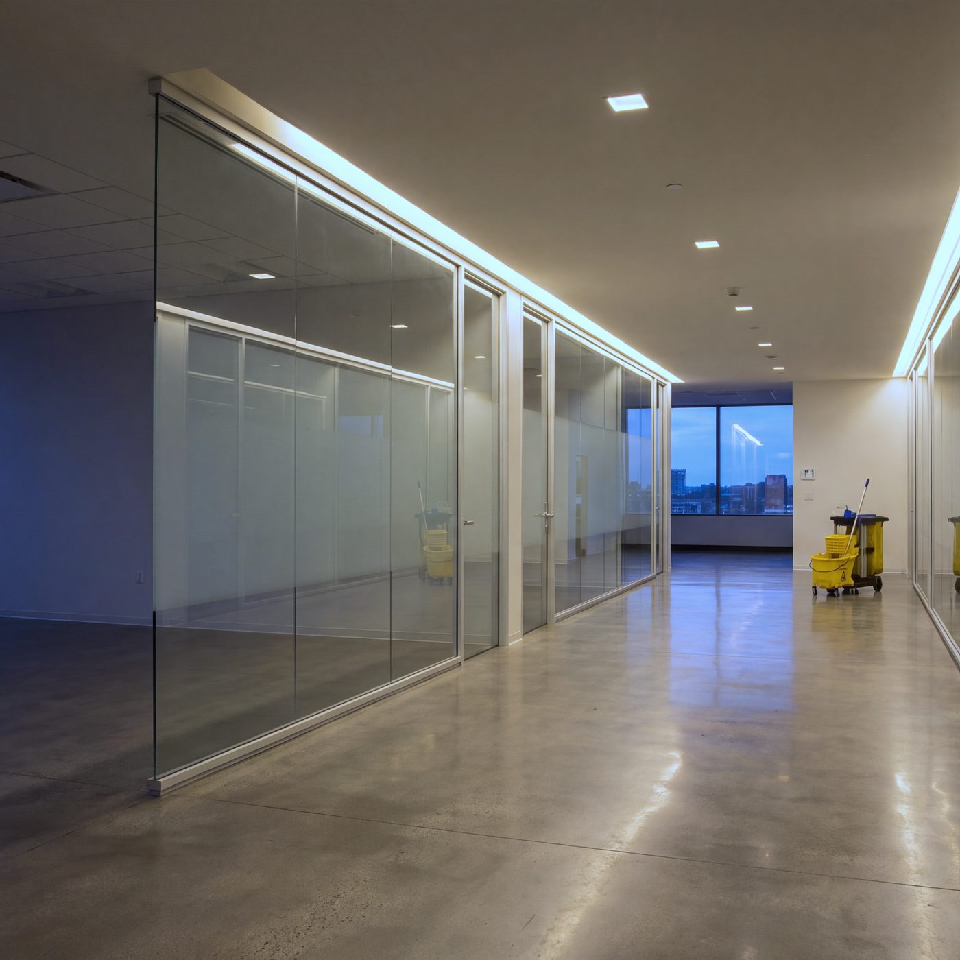 Corridor de bureaux au crépuscule, plancher poli et chariot d'entretien au fond