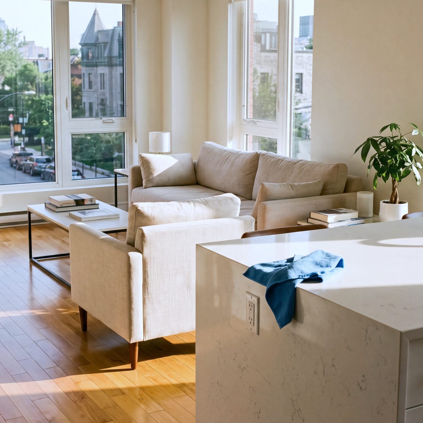 Salon d'un condo montréalais fraîchement nettoyé, plancher de bois et comptoir de quartz